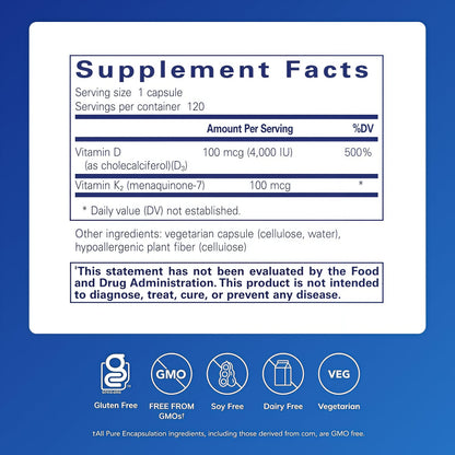 Pure Encapsulations Vitamin D3 & K2 - Bone & Vascular Health Support - Immune Function* - Gluten Free - Non-GMO - 120 Capsules
